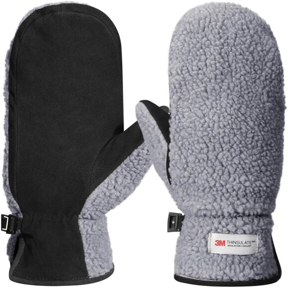 ⚡Women's Grey Genuine Suede Outdoor Mitt Thermal Lined Finger Liners Mitten - Picture 1 of 7